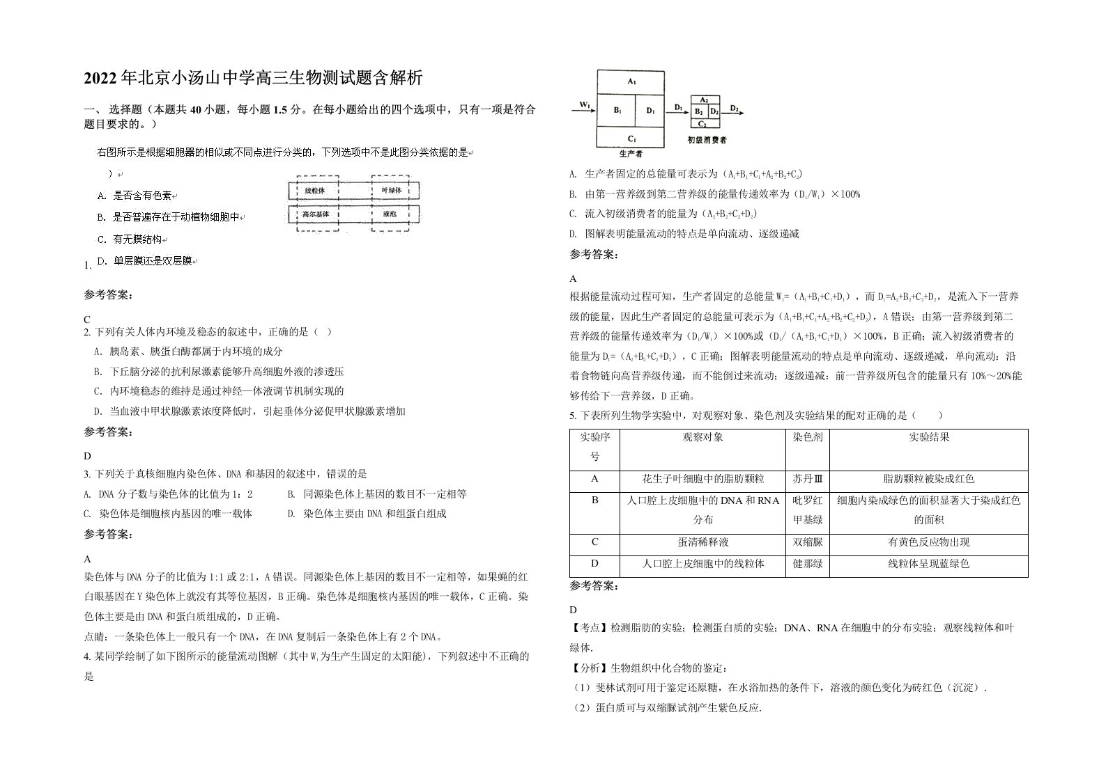 2022年北京小汤山中学高三生物测试题含解析