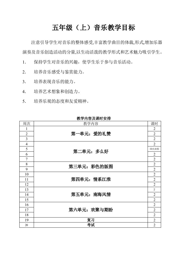 苏教版五年级上册音乐教案一、二单元