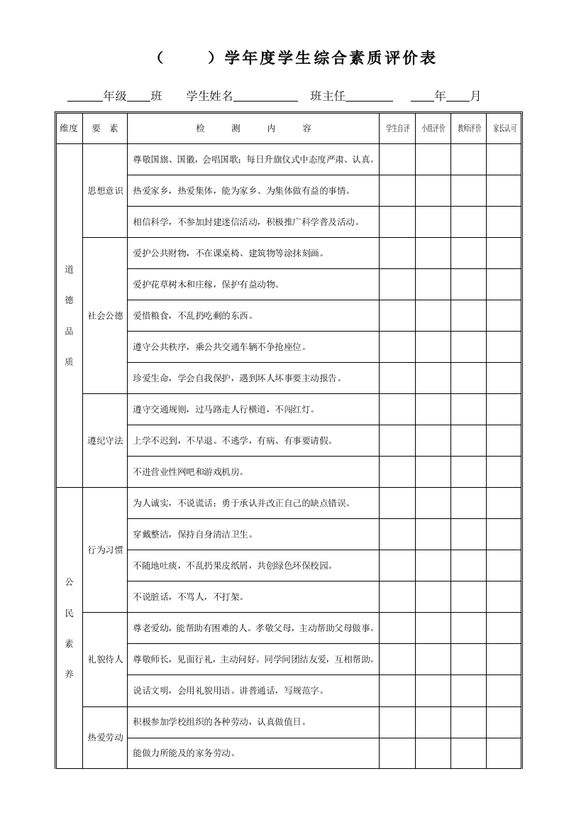 学年度学生综合素质评价表