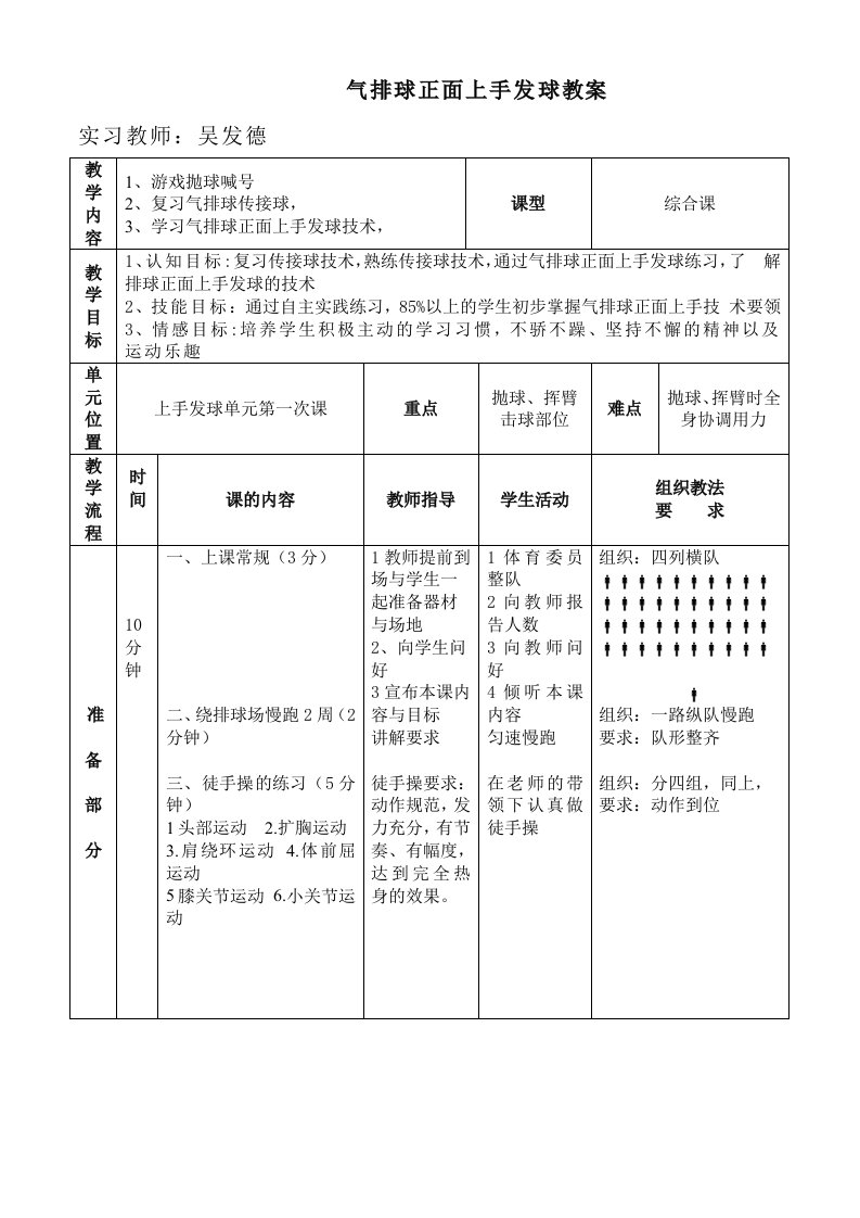 气排球正面上手发球教案