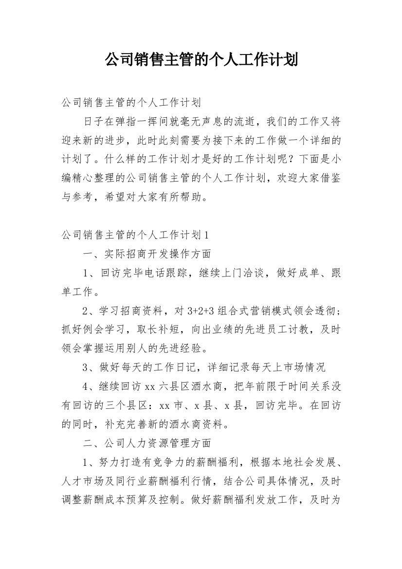 公司销售主管的个人工作计划