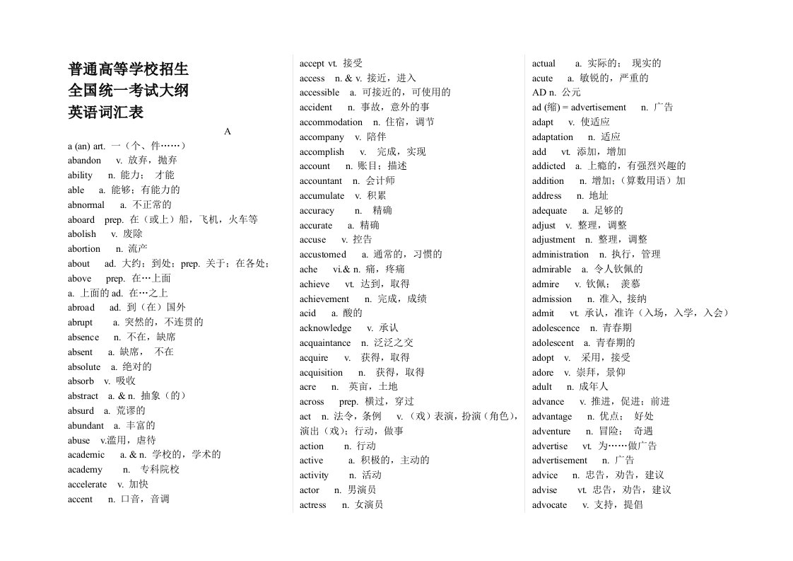 全国高考英语大纲词汇总表