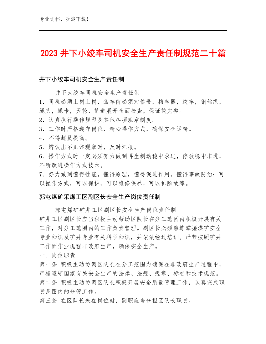 2023井下小绞车司机安全生产责任制规范二十篇