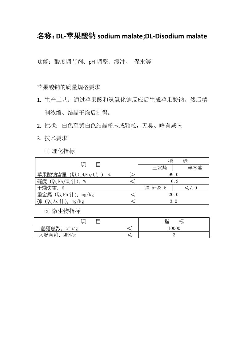 DL-苹果酸钠资料（四）质量规格要求