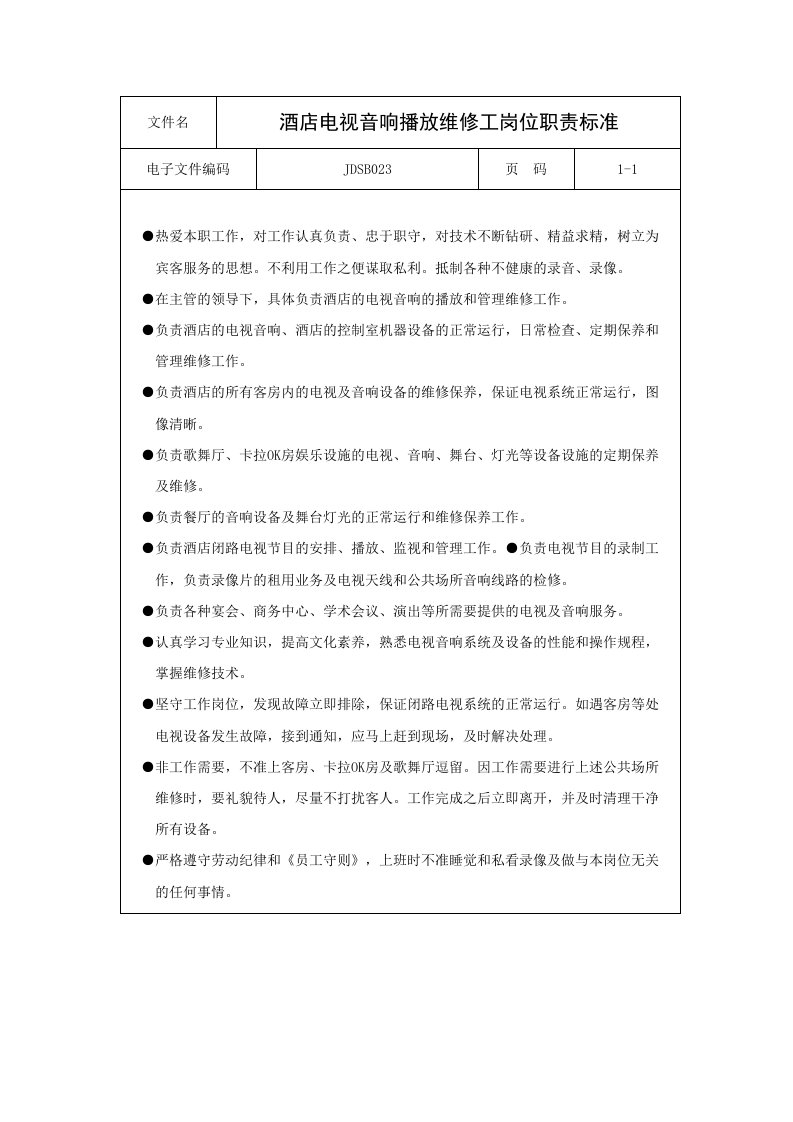 酒类资料-酒店电视音响播放维修工岗位职责标准