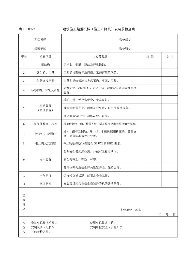 建筑施工起重机械（施工升降机）安装前检查表