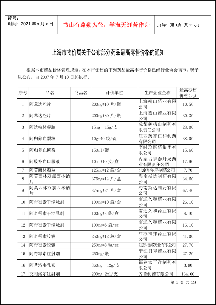 上海市物价局关于公布部分药品最高零售价格的通知