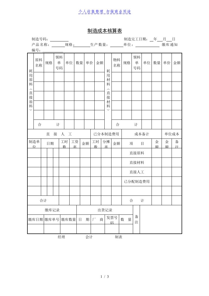 制造成本核算表模板