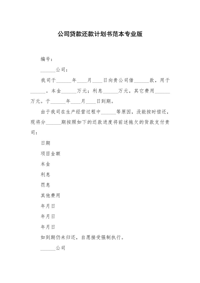 公司贷款还款计划书范本专业版