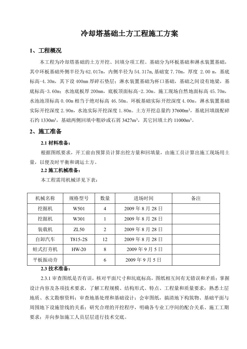 冷却塔基础土方工程施工方案