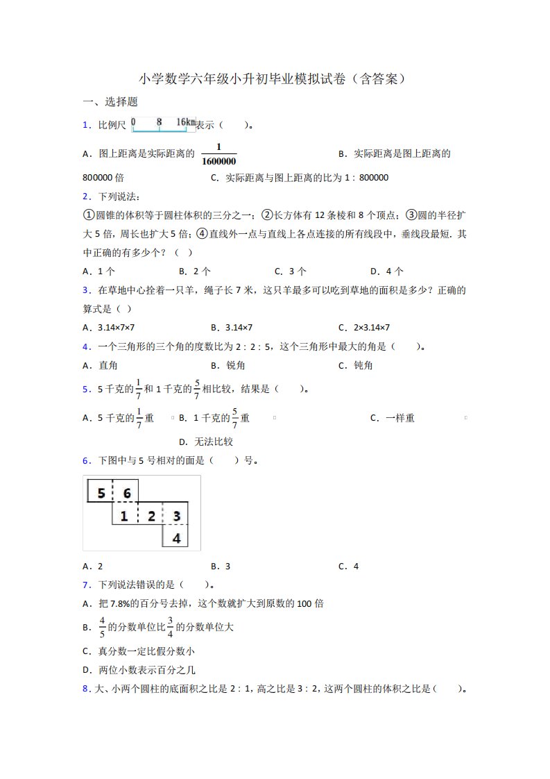 小学数学六年级小升初毕业模拟试卷(含答案)