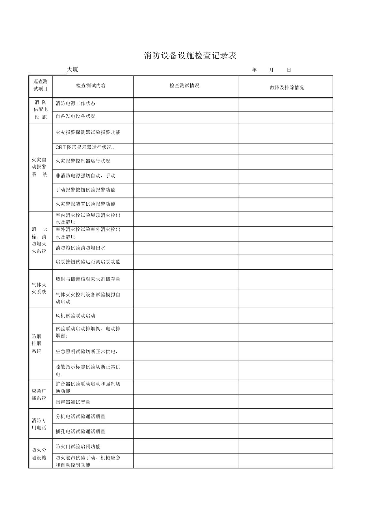 消防设备设施检查记录表格