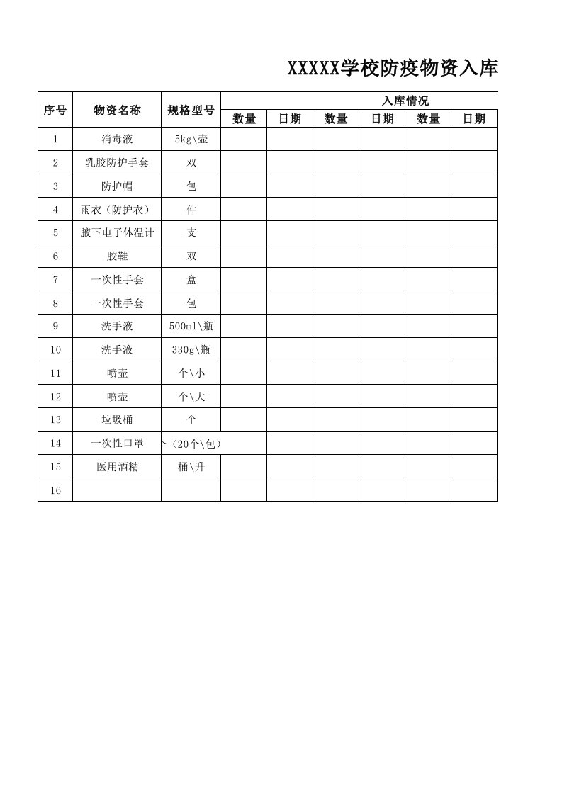 防疫物资入库登记表