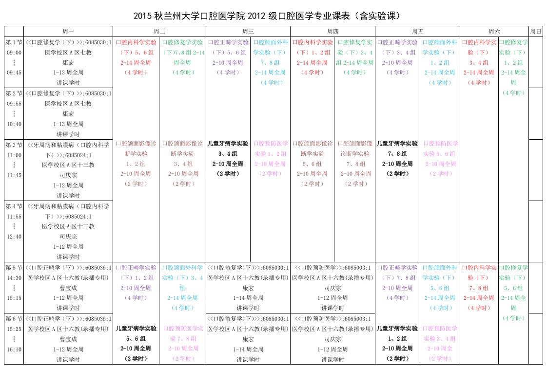 秋兰州大学口腔医学院级口腔医学专业课表含实