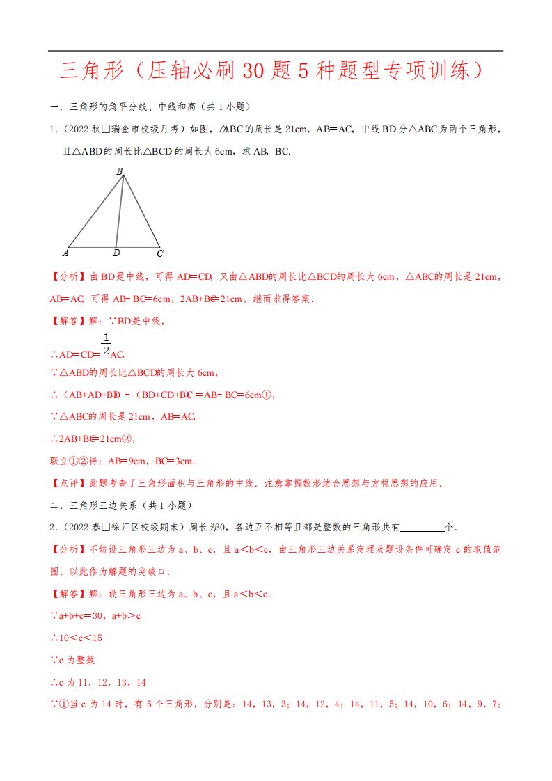 三角形(压轴必刷30题5种题型专项训练)—2023-2024学年八年级数学上册(人教版)(解析版)