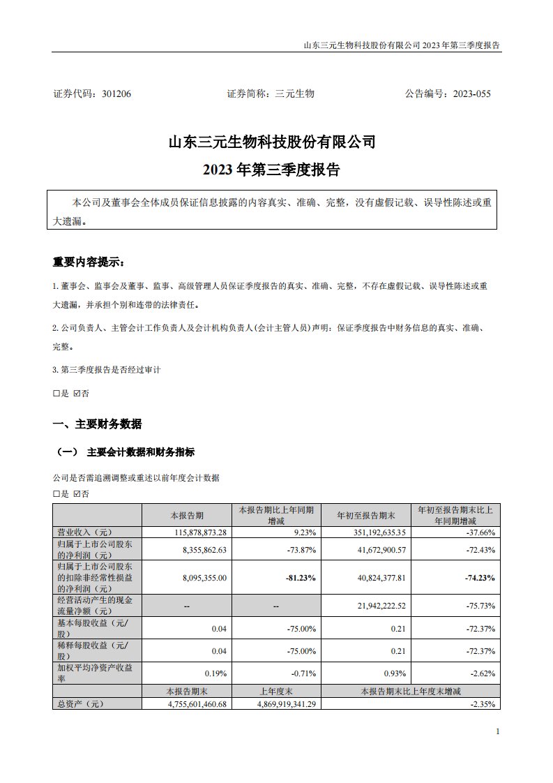 深交所-三元生物：2023年第三季度报告（更正后）-20240206