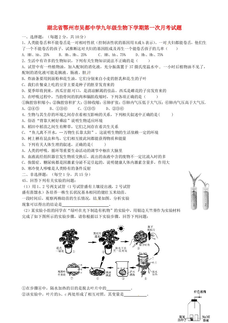 湖北省鄂州市吴都中学九级生物下学期第一次月考试题