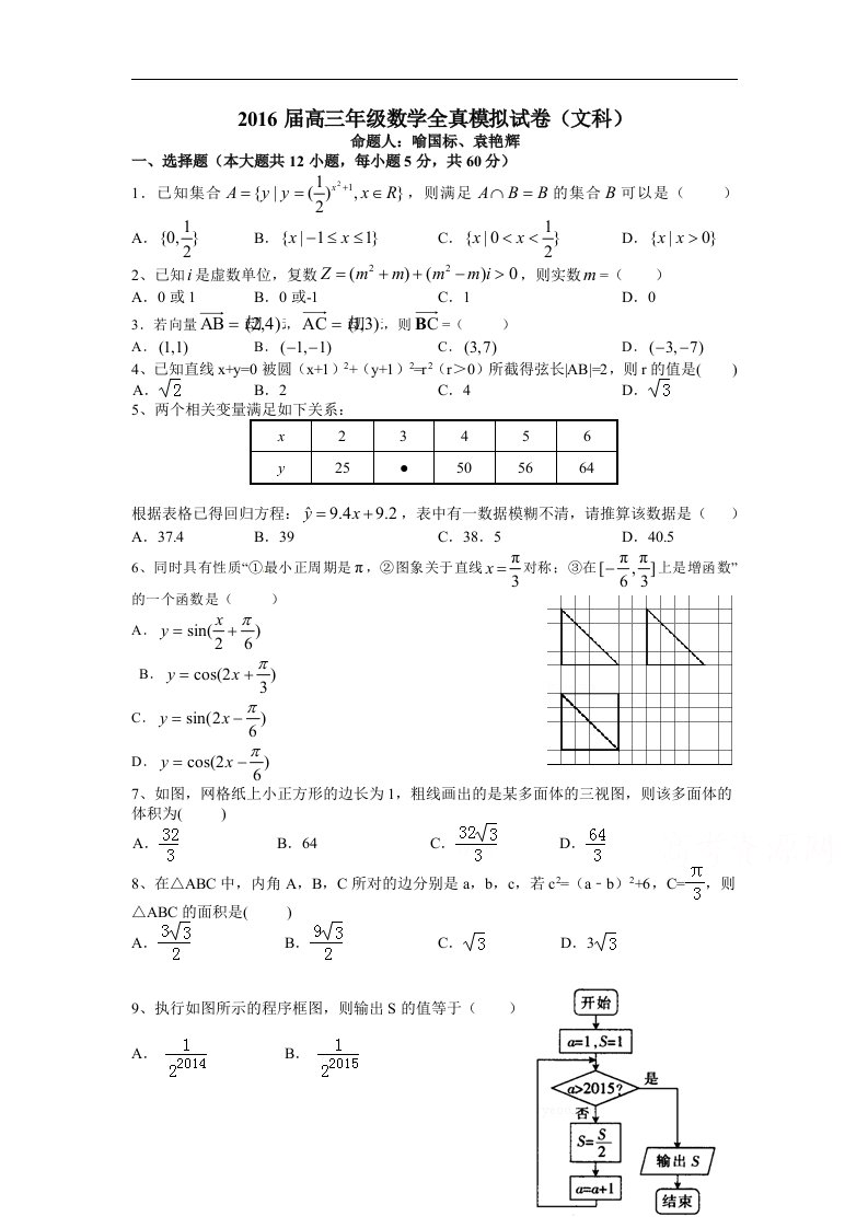 江西省2016届高三年级全真模拟文科数学试卷