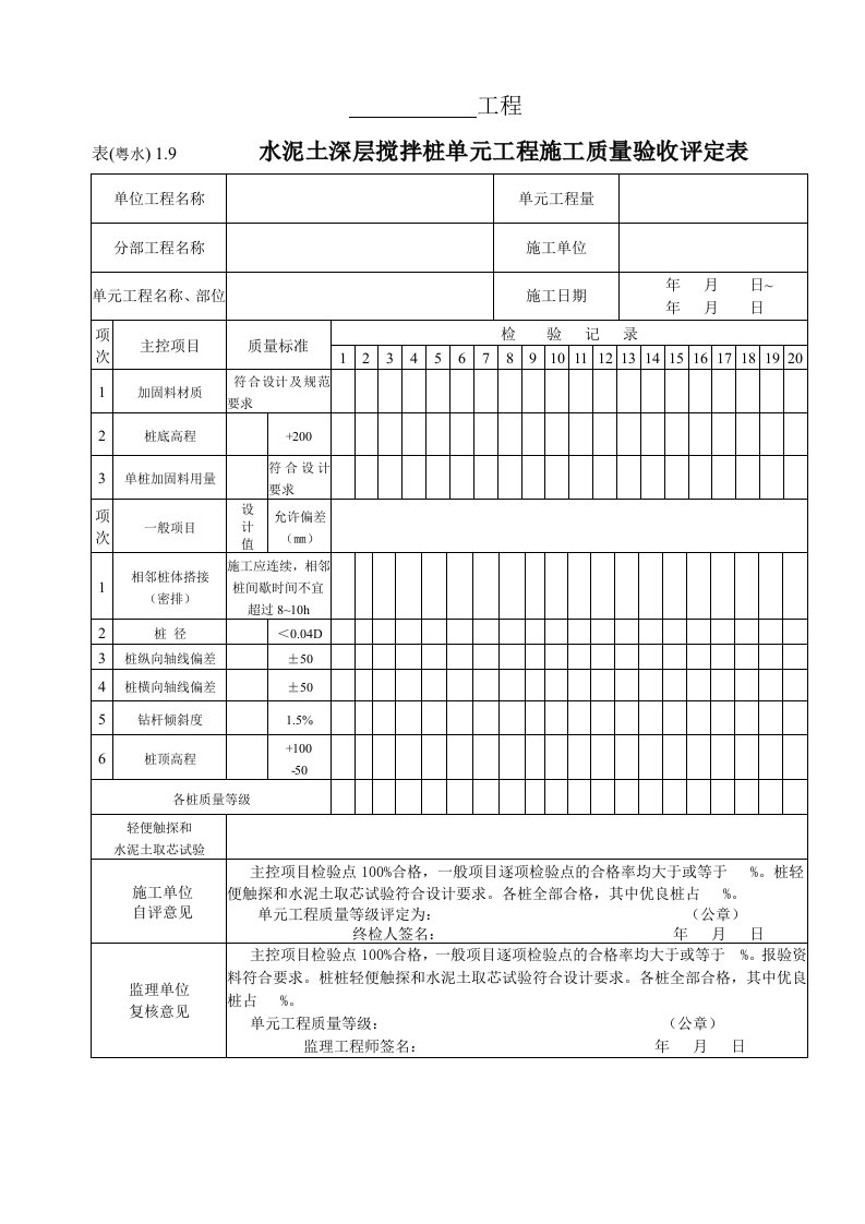 工程资料-表粤水19水泥土深层搅拌桩单元工程质量评定表