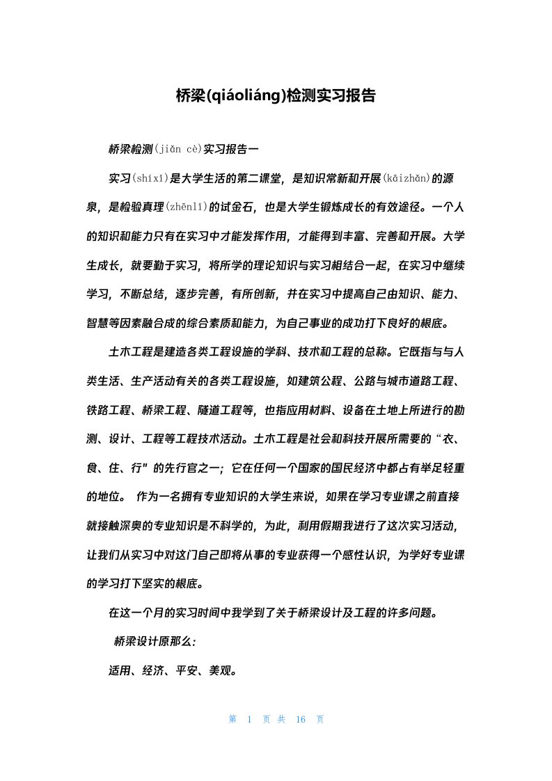 桥梁检测实习报告