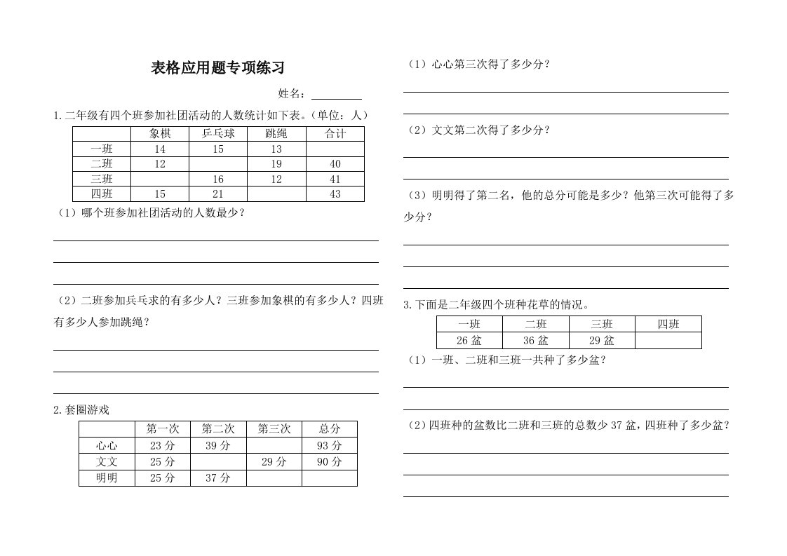 新北师大版二年级上册数学表格应用题专项练习