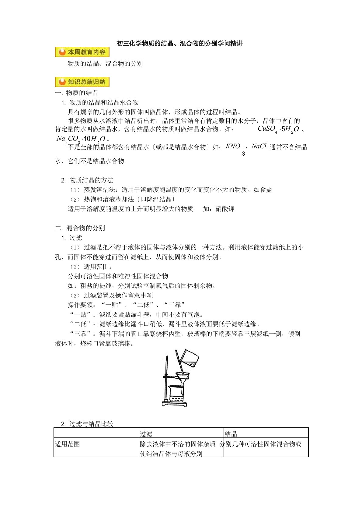 初三化学物质的结晶、混合物的分离知识精讲