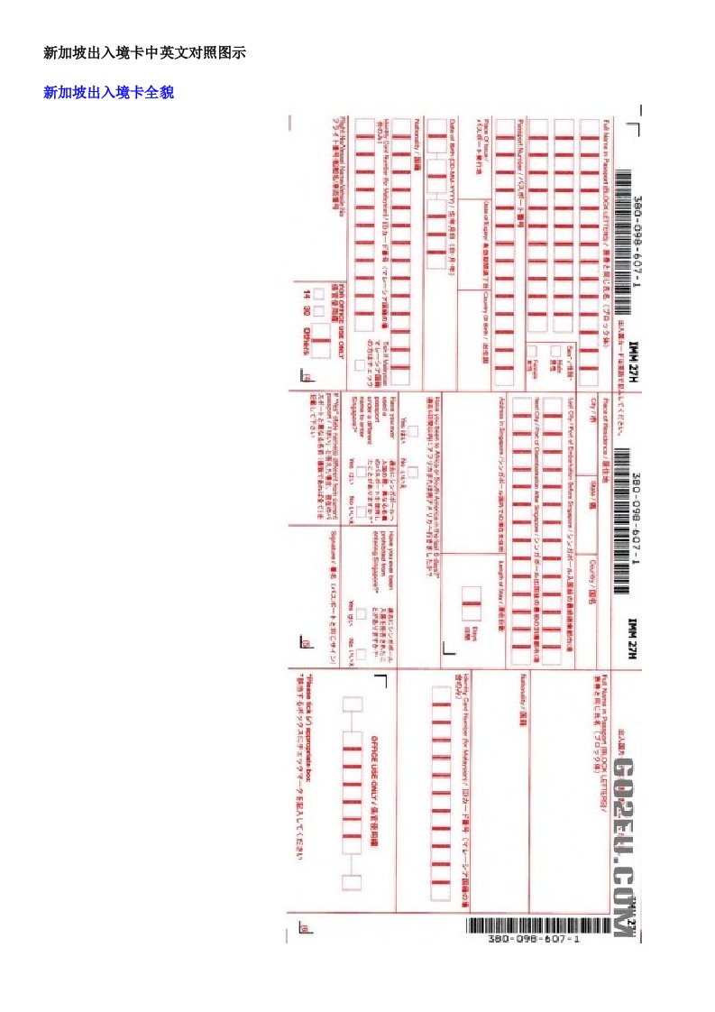 新加坡出入境卡中英文对照图示