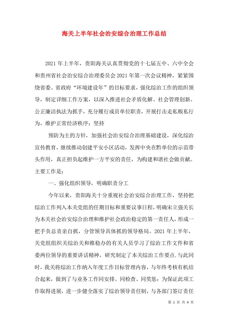 海关上半年社会治安综合治理工作总结（一）