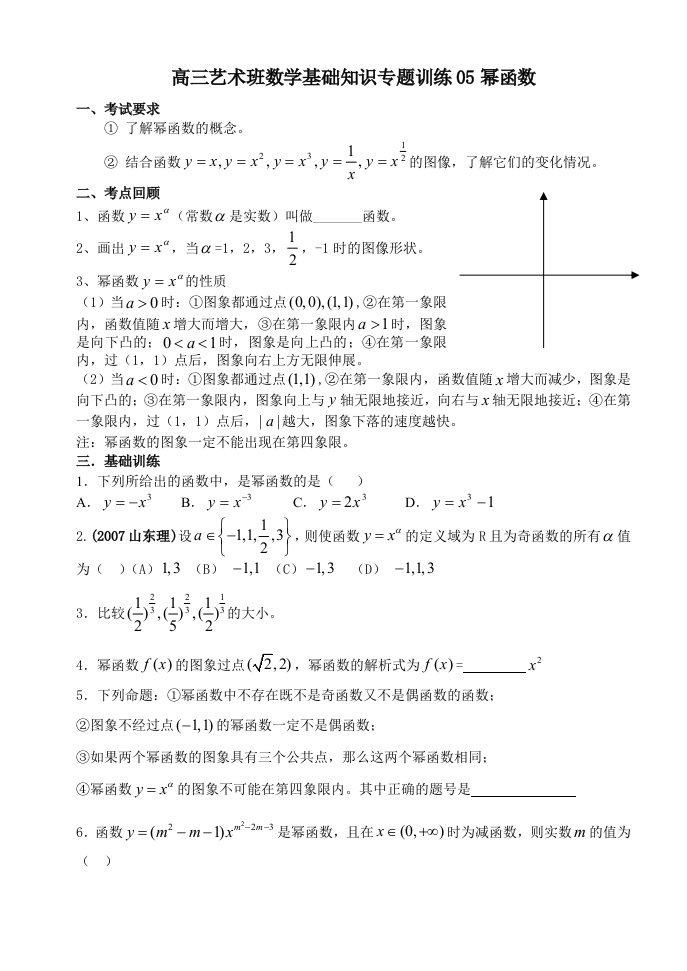 高三艺术班数学基础知识专题训练05幂函数