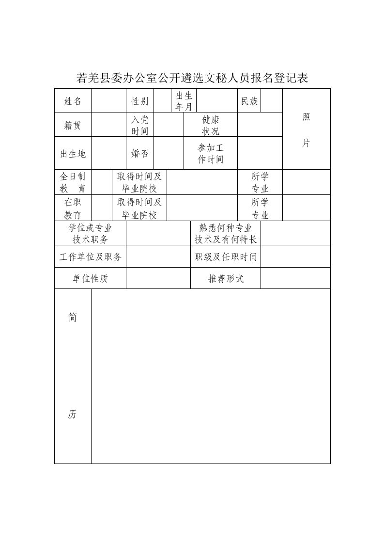 若羌县委办公室公开遴选文秘人员报名登记表