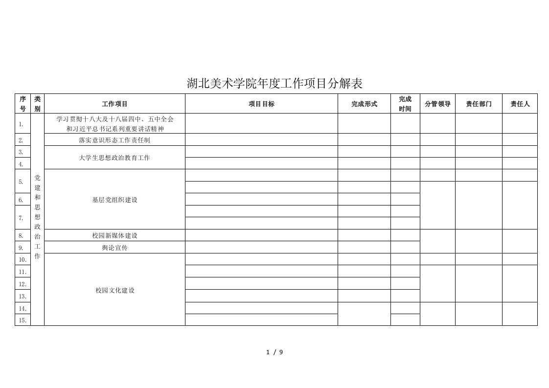 湖北美术学院度工作项目分解表