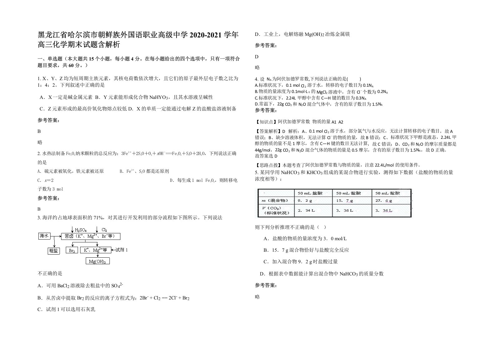 黑龙江省哈尔滨市朝鲜族外国语职业高级中学2020-2021学年高三化学期末试题含解析