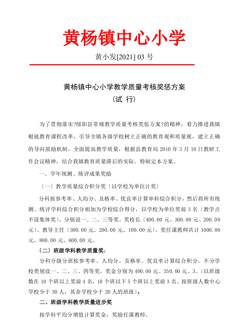 某小学教学质量考核奖惩方案解析