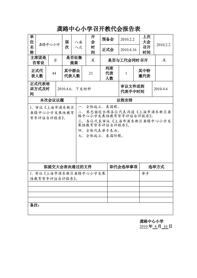 龚路中心小学召开教代会报告表