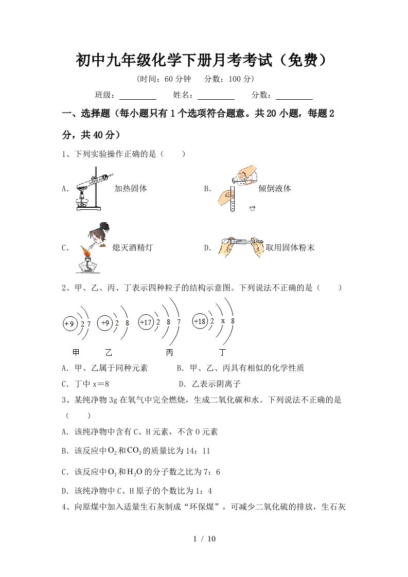 初中九年级化学下册月考考试免费