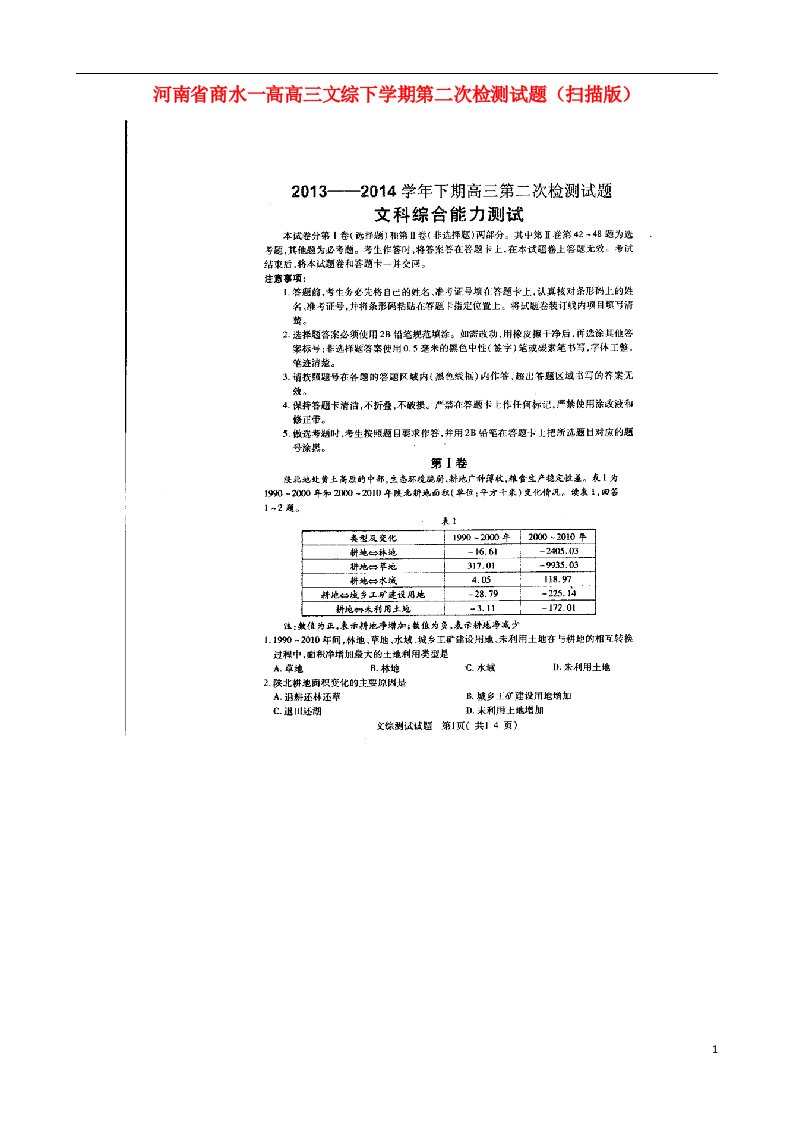 河南省商水一高高三文综下学期第二次检测试题（扫描版）