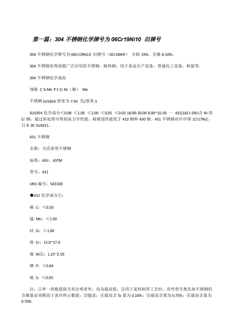 304不锈钢化学牌号为06Cr19Ni10旧牌号（5篇材料）[修改版]