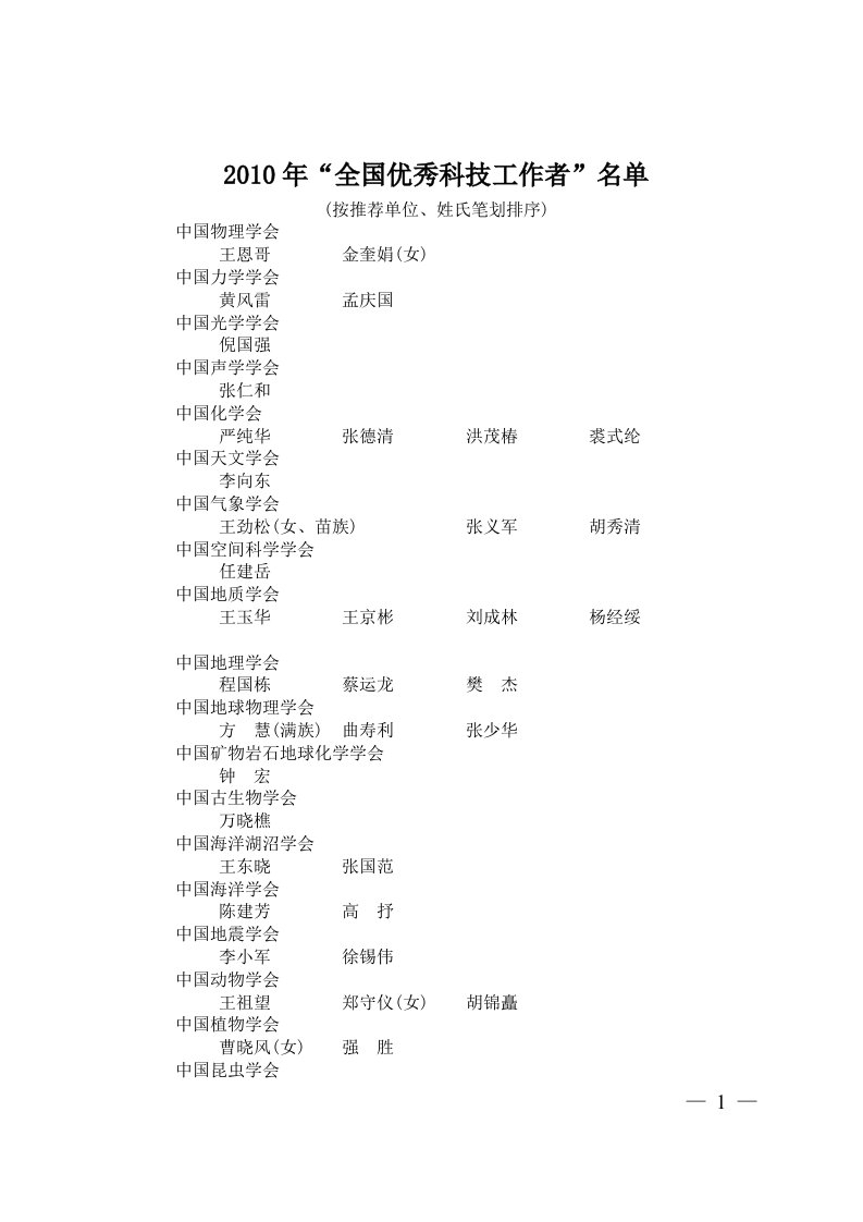 2010年全国优秀科技工作者名单(精)