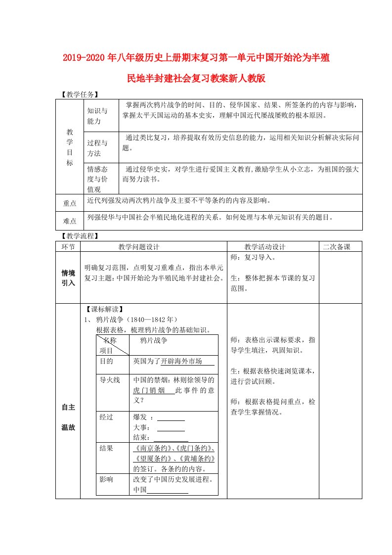 2019-2020年八年级历史上册期末复习第一单元中国开始沦为半殖民地半封建社会复习教案新人教版