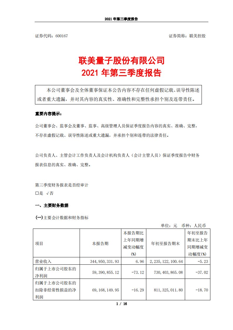 上交所-联美量子股份有限公司2021年第三季度报告-20211029