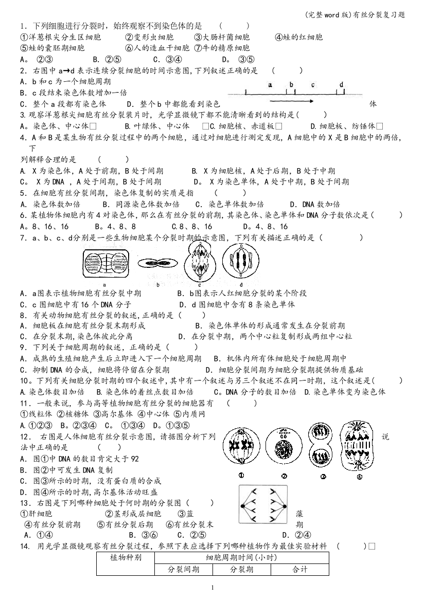 有丝分裂复习题