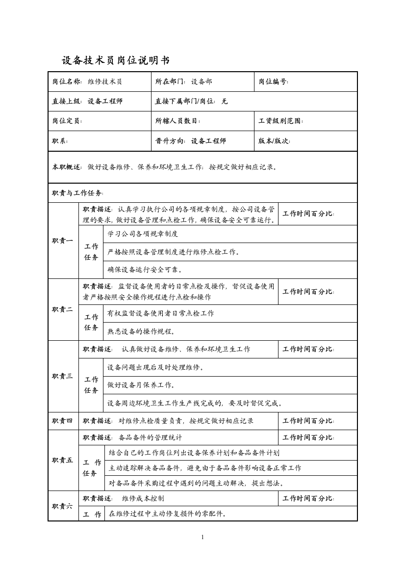 设备部岗位说明书-技术员