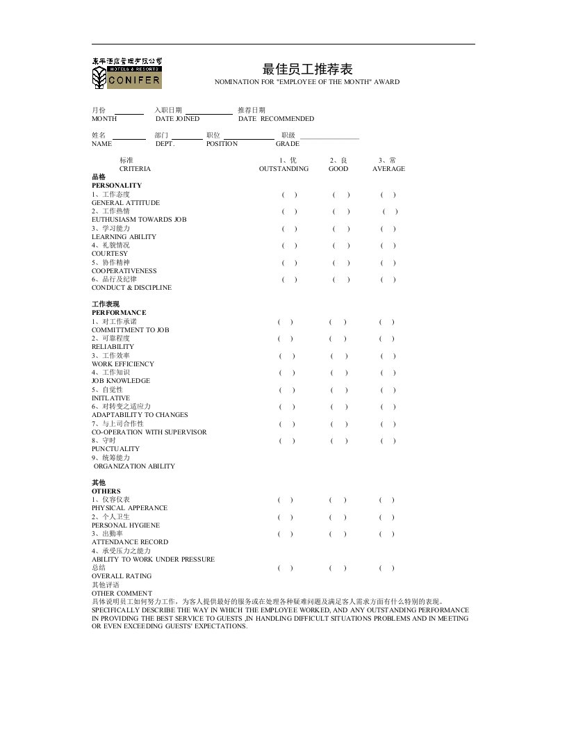 【管理精品】最佳员工推荐表