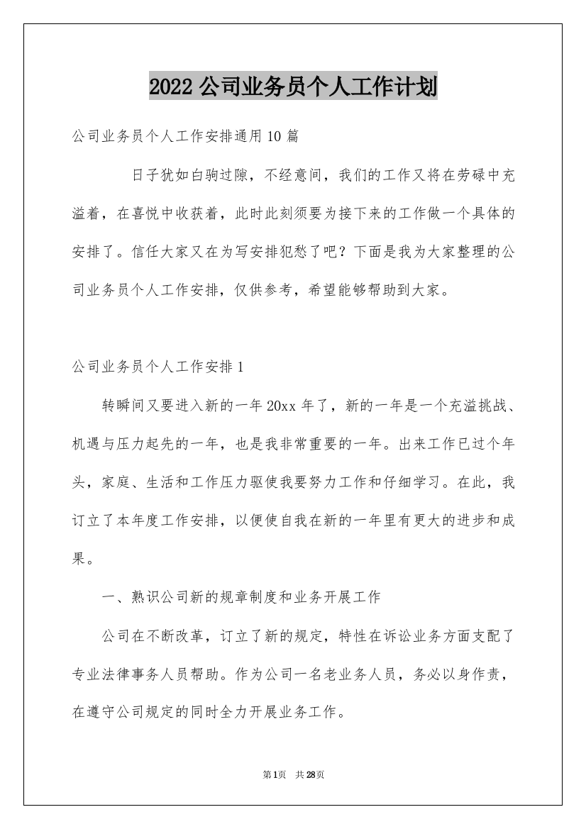 2022公司业务员个人工作计划