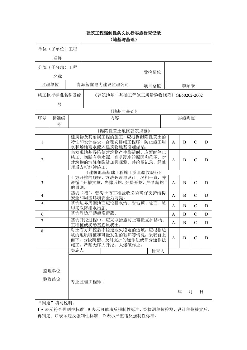 建筑工程强制性条文执行实施检查记录