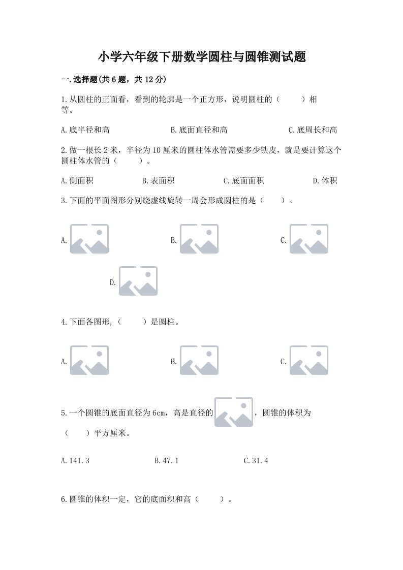 小学六年级下册数学圆柱与圆锥测试题精编