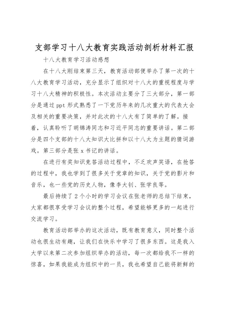 2022支部学习十八大教育实践活动剖析材料汇报