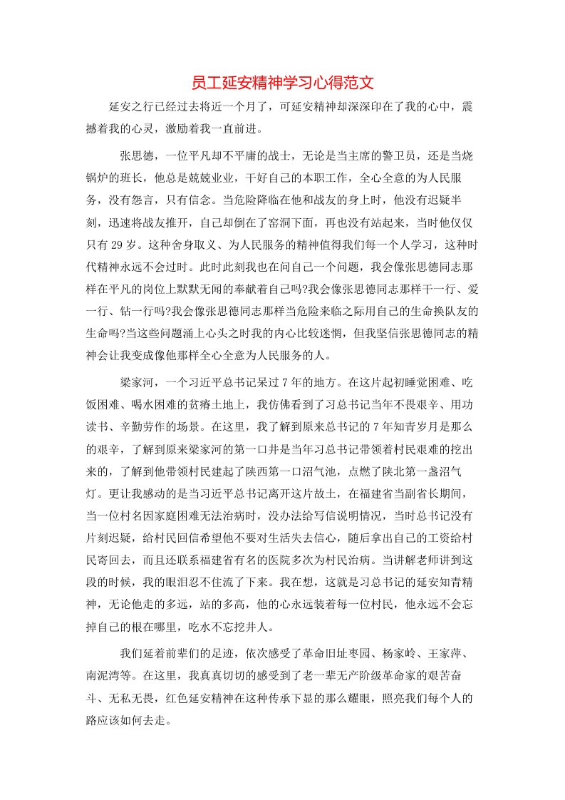 员工延安精神学习心得范文