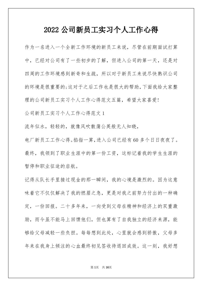 2022公司新员工实习个人工作心得