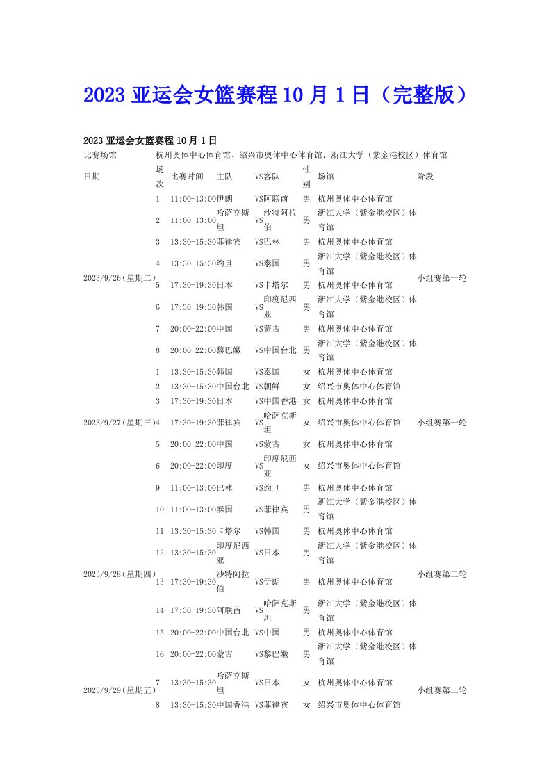 2023亚运会女篮赛程10月1日（完整版）